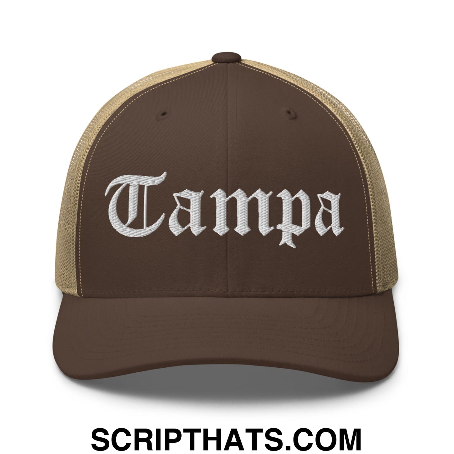 Tampa Old English Embroidered Mesh Trucker Hat Brown Khaki