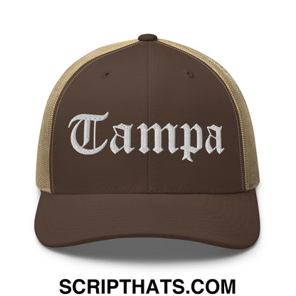 Tampa Old English Embroidered Mesh Trucker Hat Brown Khaki