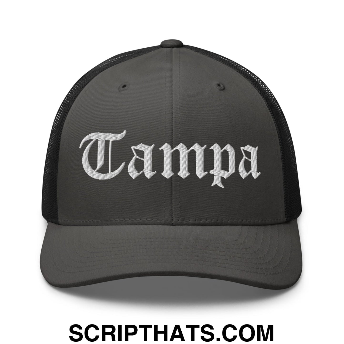 Tampa Old English Embroidered Mesh Trucker Hat Charcoal Black