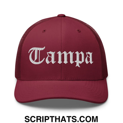 Tampa Old English Embroidered Mesh Trucker Hat Cranberry