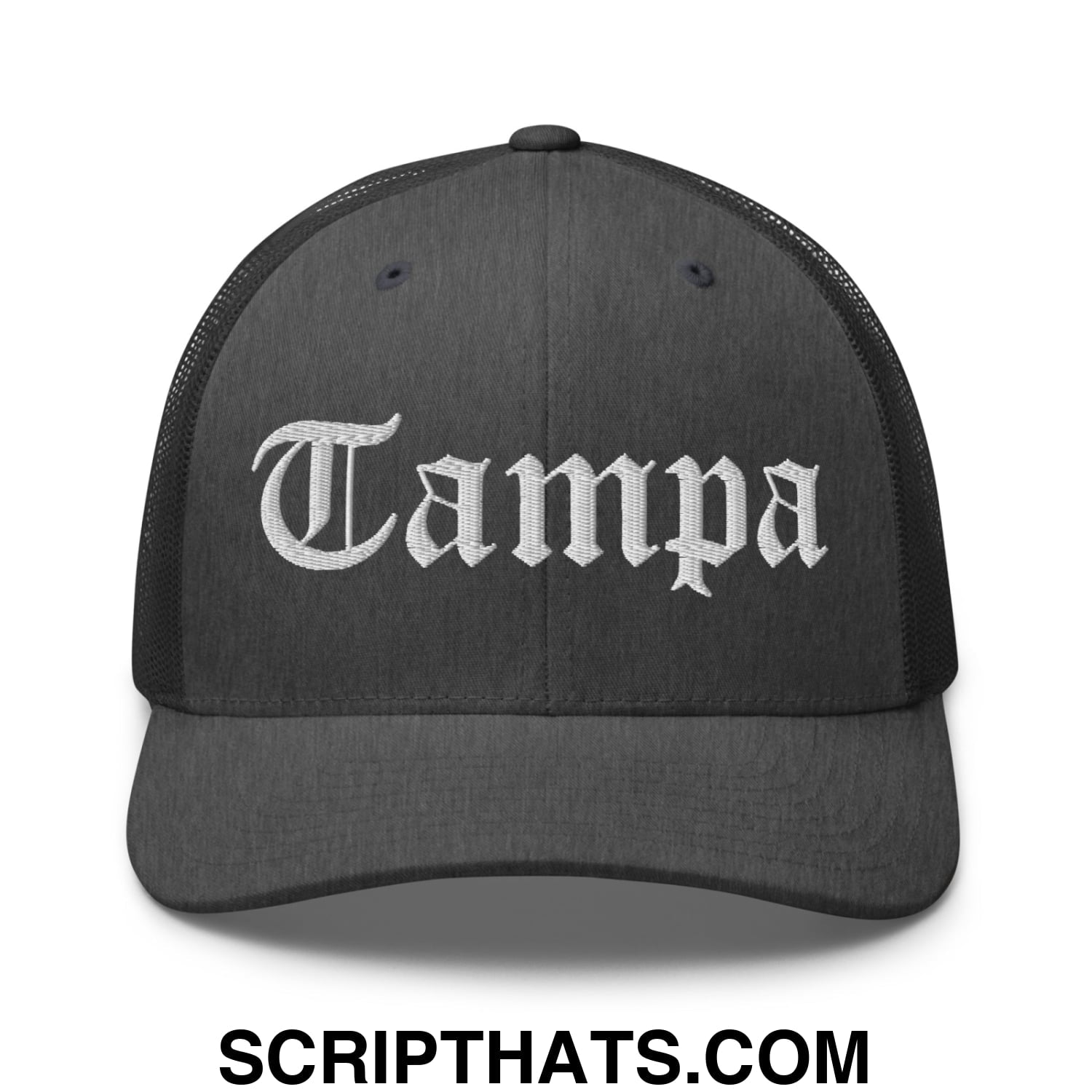 Tampa Old English Embroidered Mesh Trucker Hat Dark Heather Gray