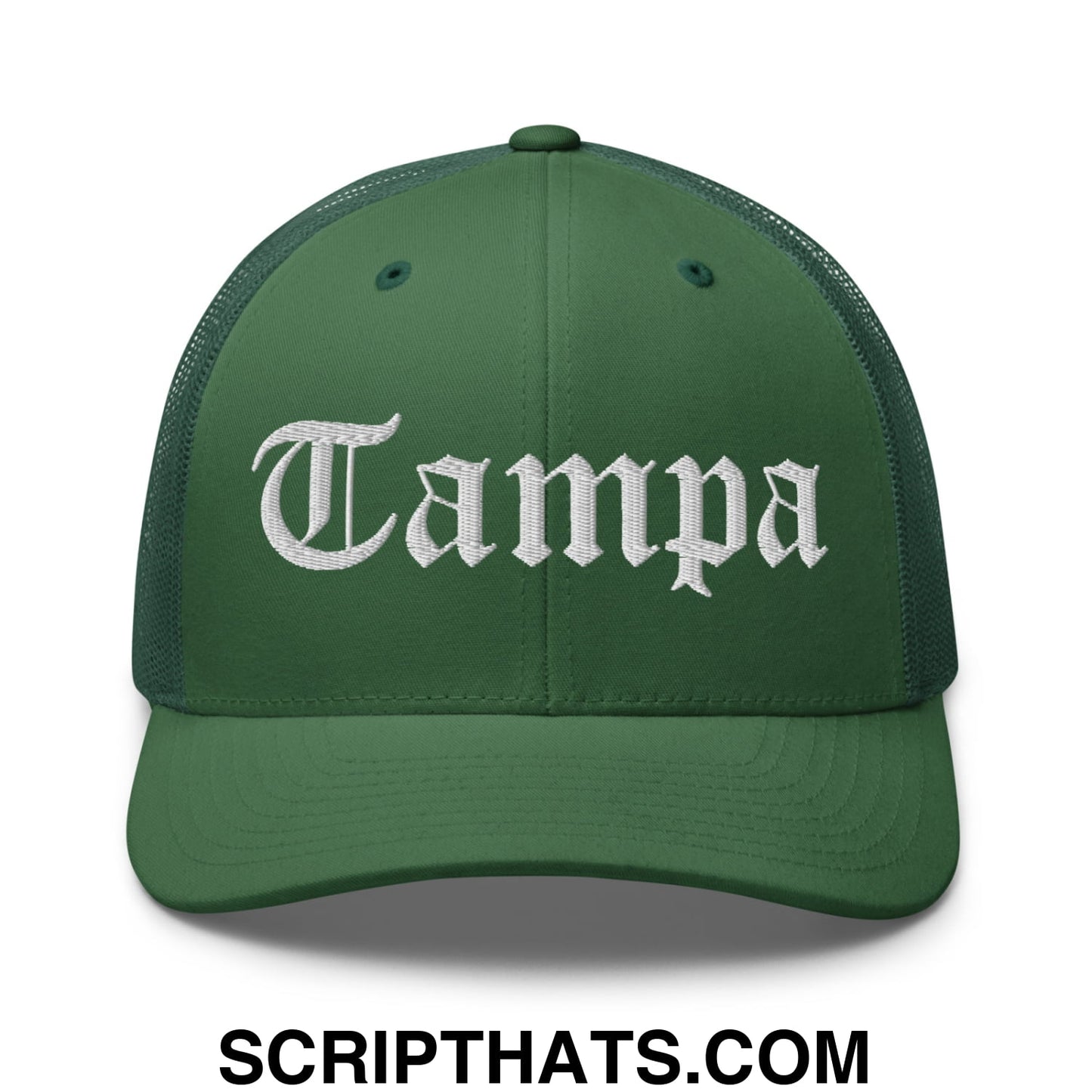 Tampa Old English Embroidered Mesh Trucker Hat Evergreen