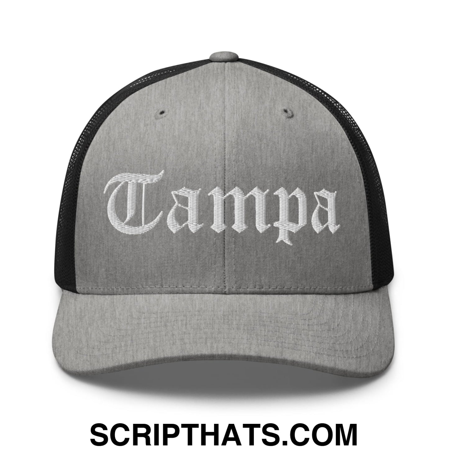 Tampa Old English Embroidered Mesh Trucker Hat Heather Black