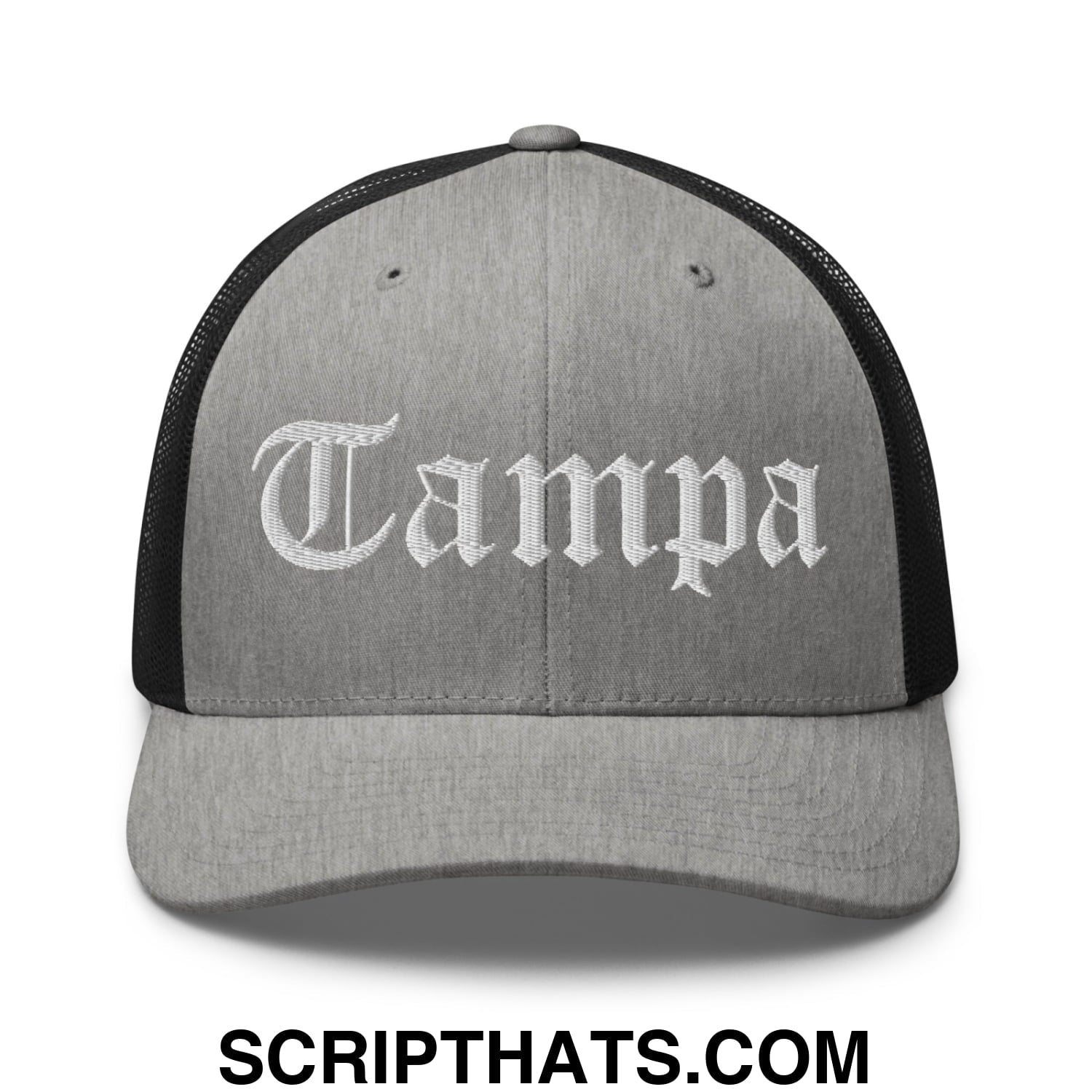 Tampa Old English Embroidered Mesh Trucker Hat Heather Black