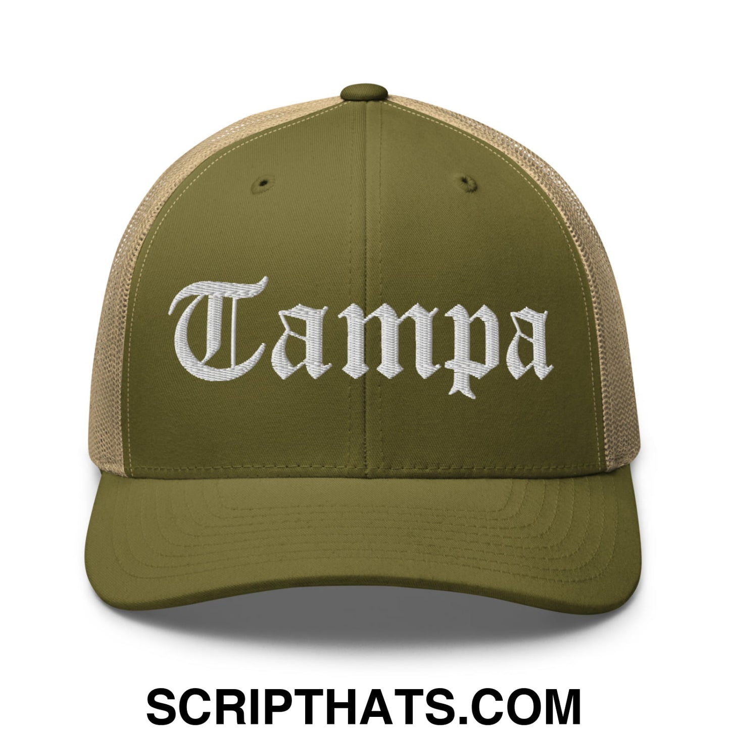 Tampa Old English Embroidered Mesh Trucker Hat Moss Khaki