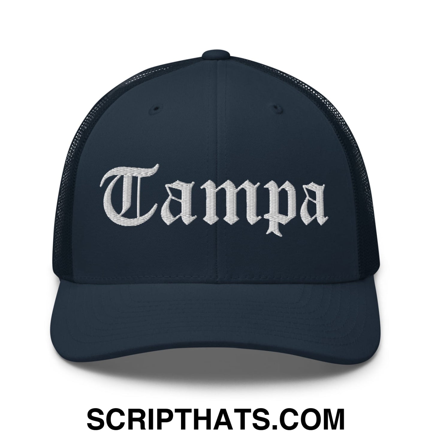 Tampa Old English Embroidered Mesh Trucker Hat Navy