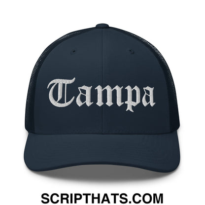 Tampa Old English Embroidered Mesh Trucker Hat Navy