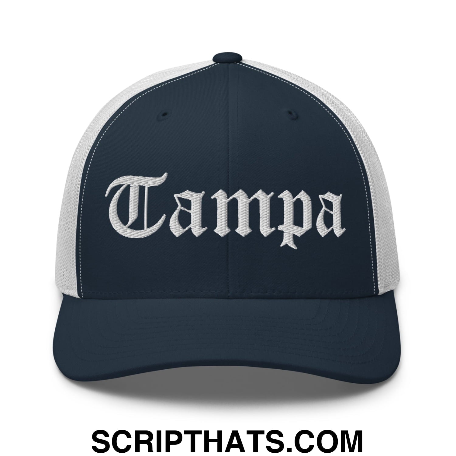 Tampa Old English Embroidered Mesh Trucker Hat Navy White