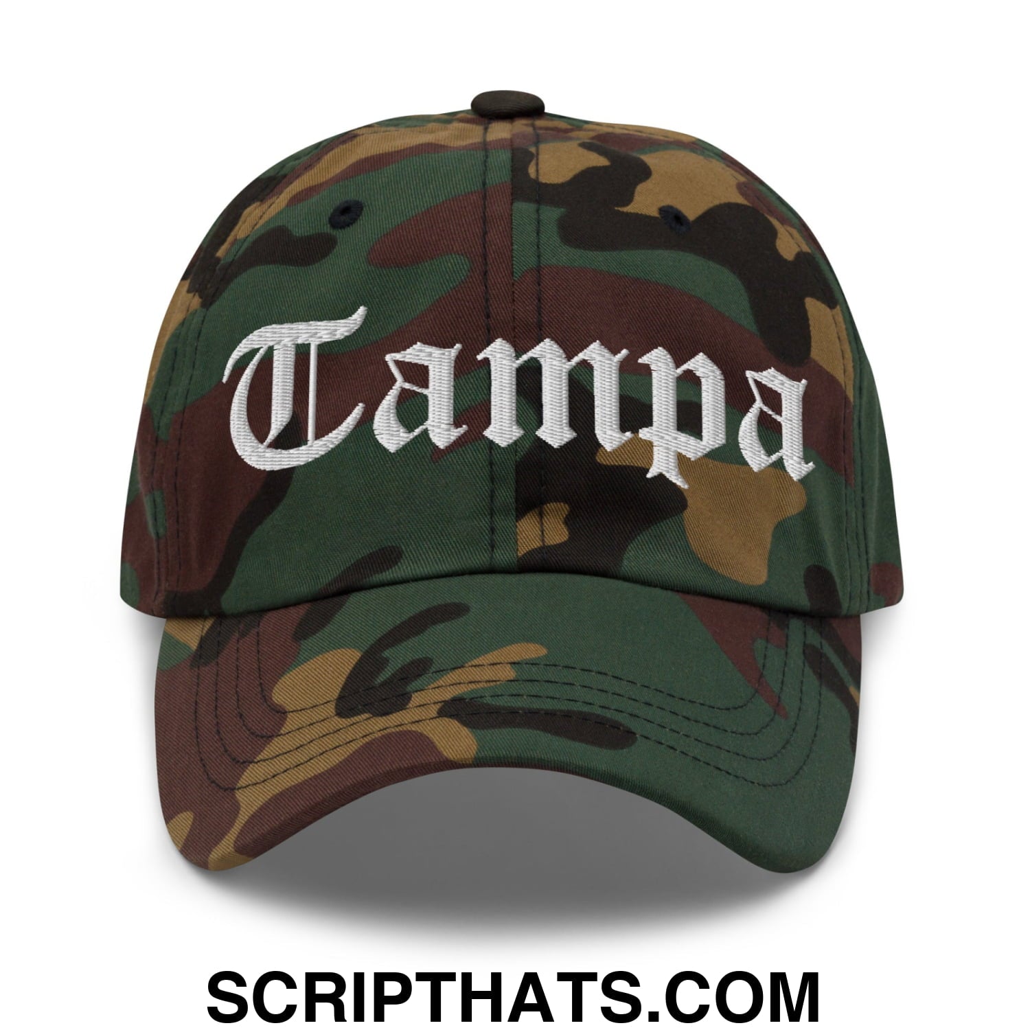 Tampa Old English Embroidered Unstructured Dad Hat Green Camo