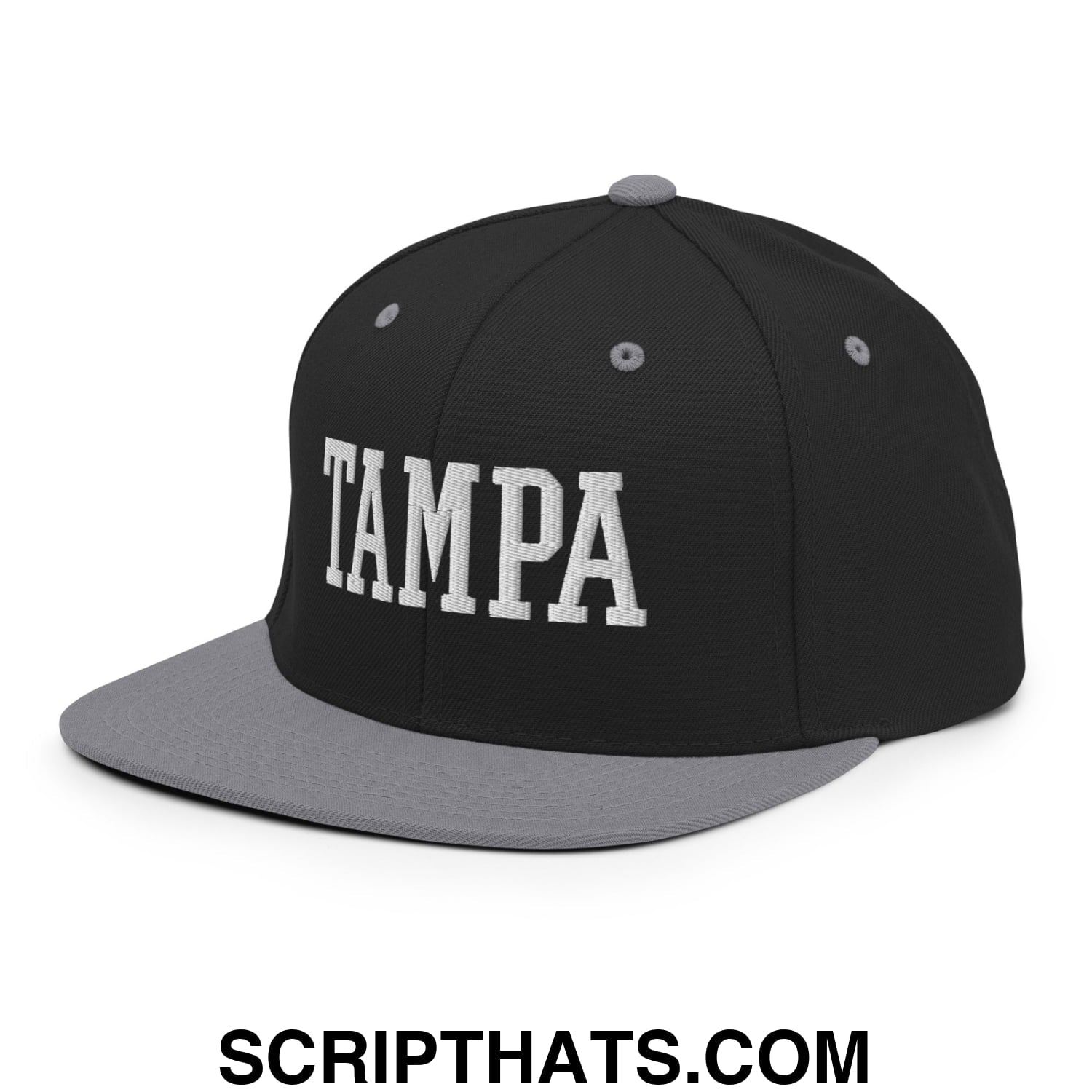 Tampa Varsity College Block Embroidered Flat Bill Brim Snapback Hat Black Silver