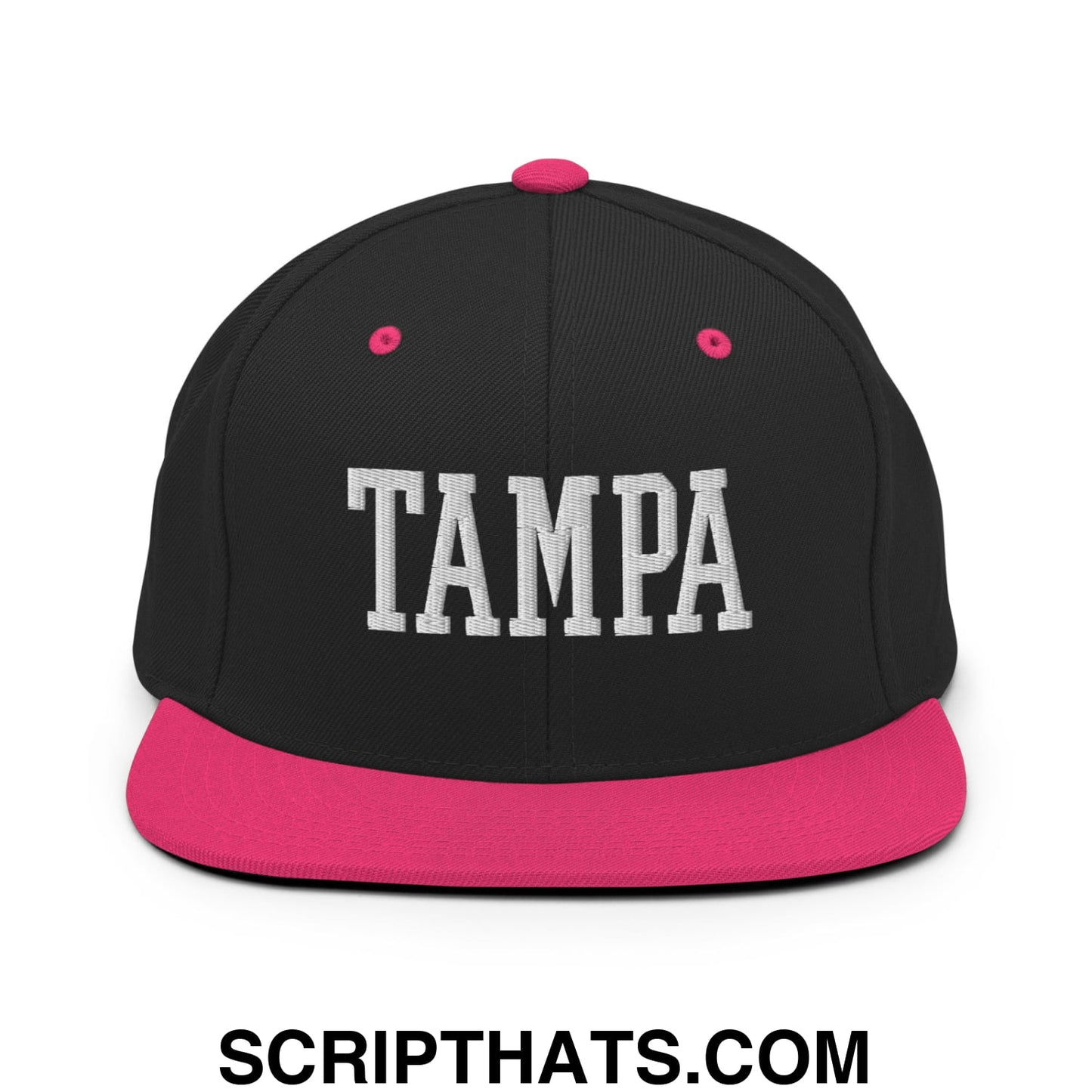 Tampa Varsity College Block Embroidered Flat Bill Brim Snapback Hat Black Neon Pink