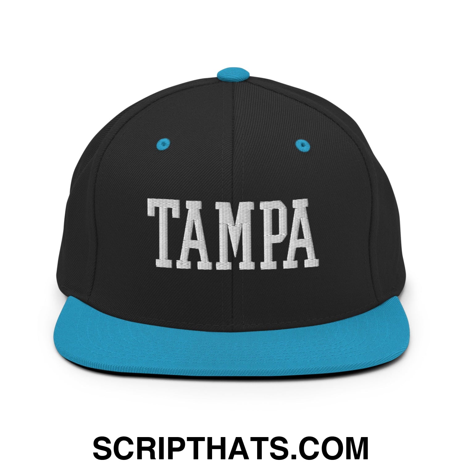 Tampa Varsity College Block Embroidered Flat Bill Brim Snapback Hat Black Teal