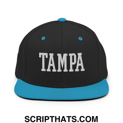 Tampa Varsity College Block Embroidered Flat Bill Brim Snapback Hat Black Teal