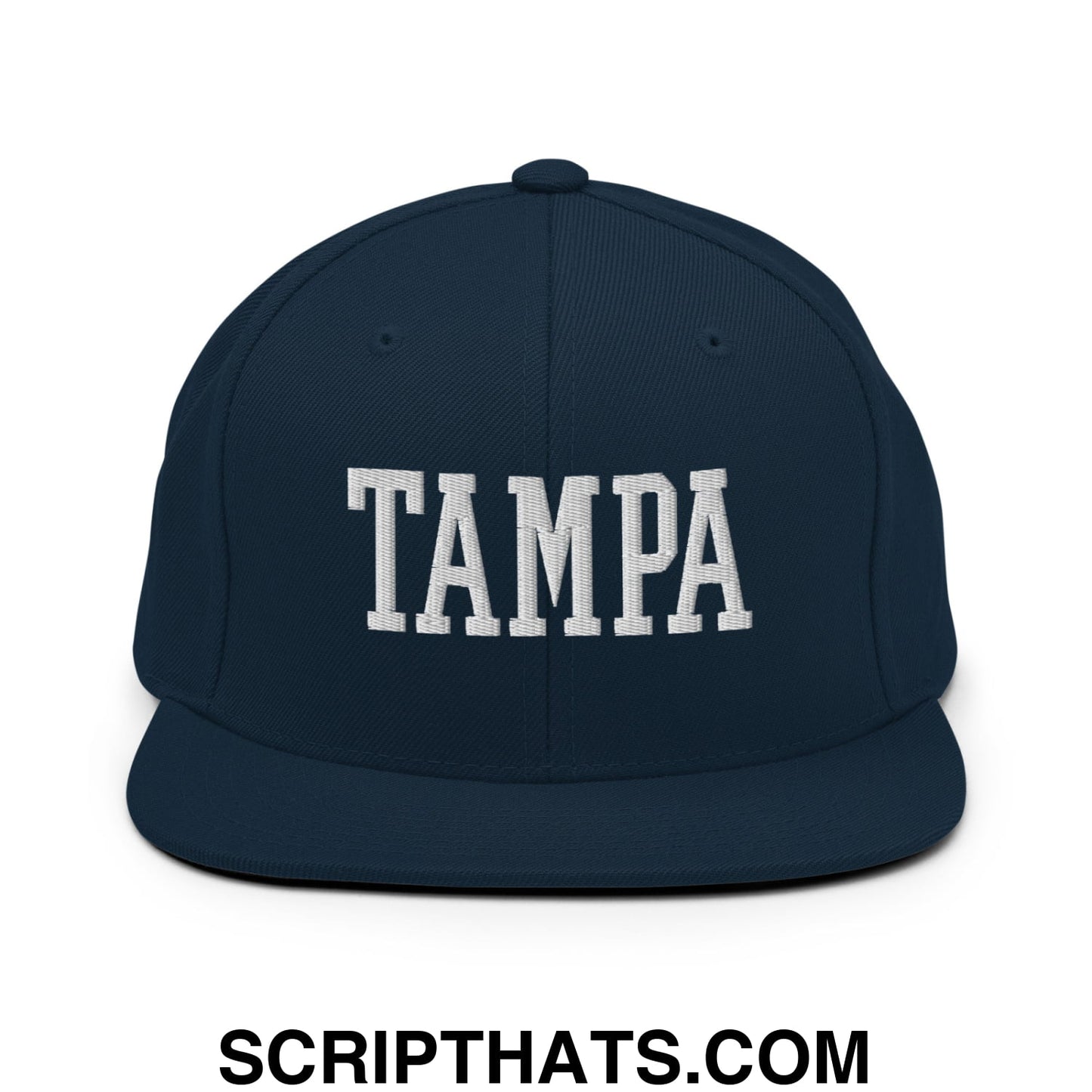 Tampa Varsity College Block Embroidered Flat Bill Brim Snapback Hat Dark Navy
