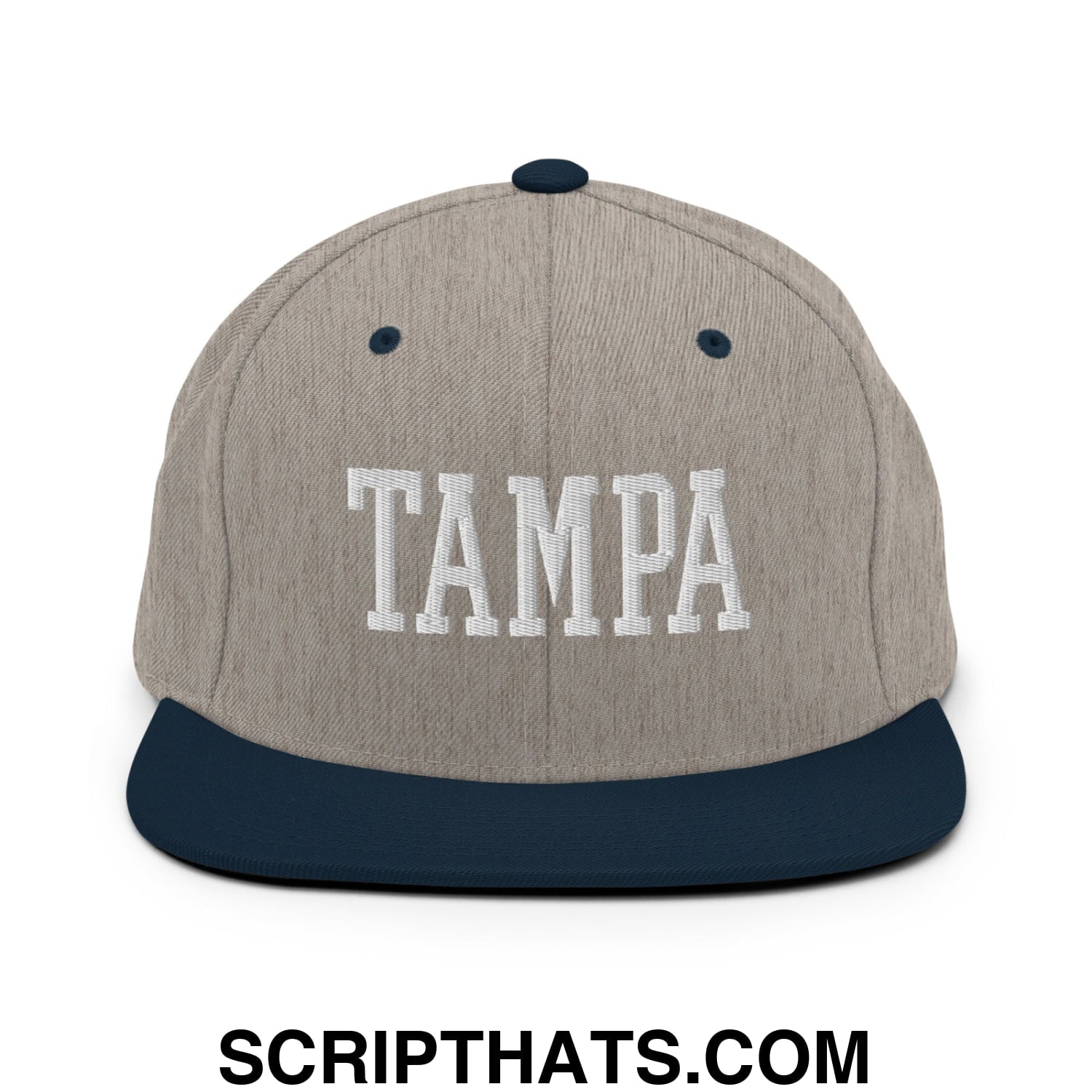 Tampa Varsity College Block Embroidered Flat Bill Brim Snapback Hat Heather Grey Navy