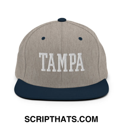 Tampa Varsity College Block Embroidered Flat Bill Brim Snapback Hat Heather Grey Navy
