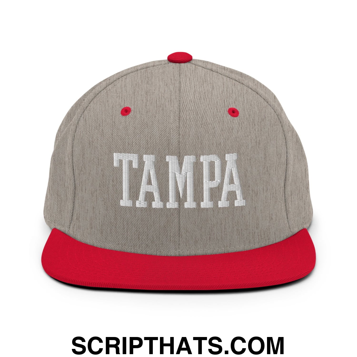 Tampa Varsity College Block Embroidered Flat Bill Brim Snapback Hat Heather Grey Red