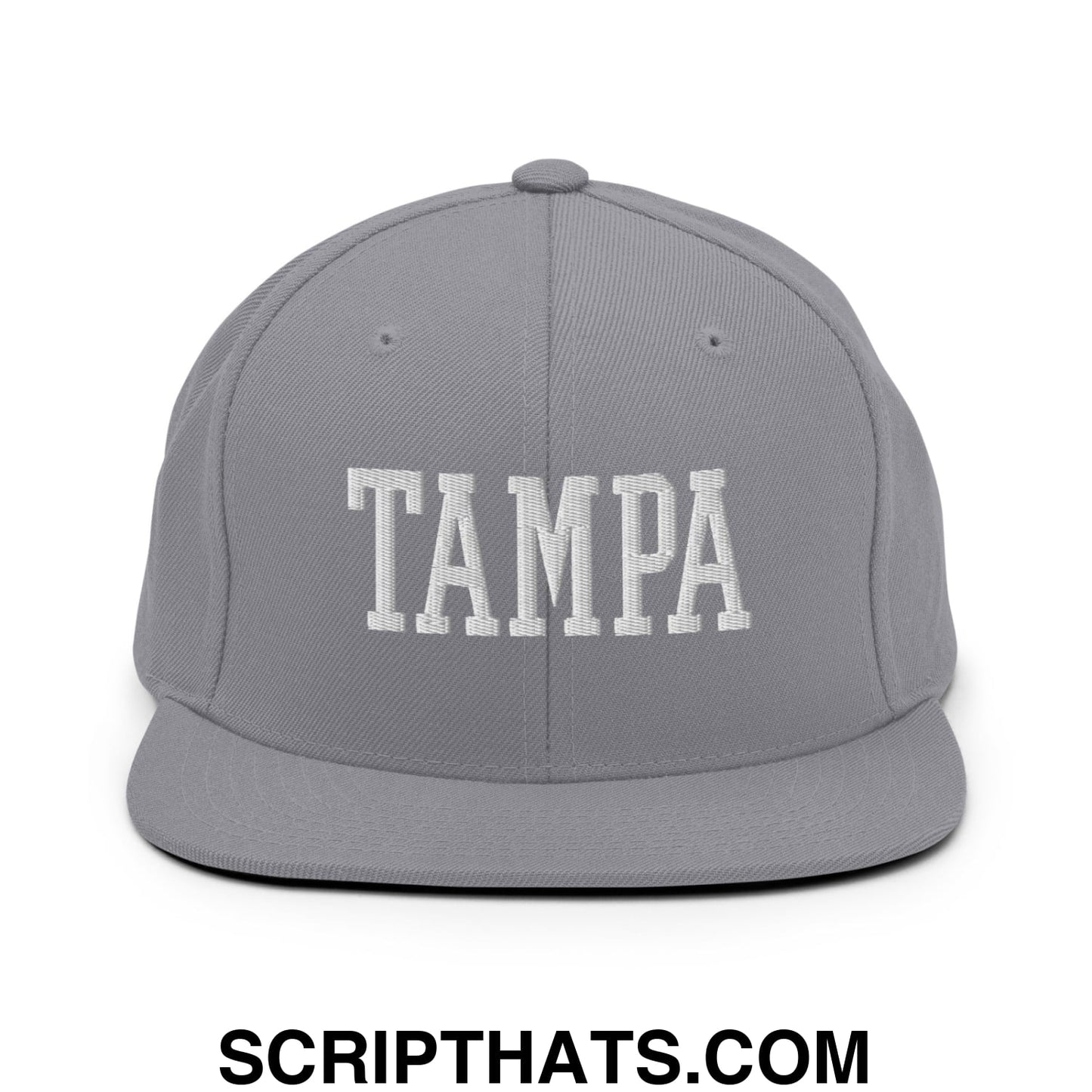 Tampa Varsity College Block Embroidered Flat Bill Brim Snapback Hat Silver