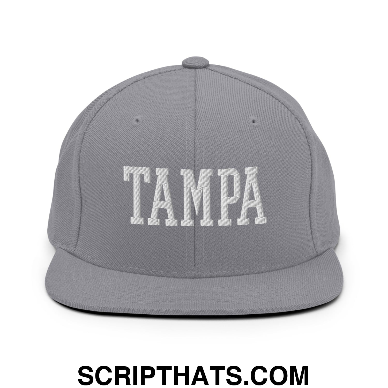 Tampa Varsity College Block Embroidered Flat Bill Brim Snapback Hat Silver