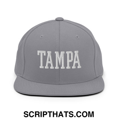 Tampa Varsity College Block Embroidered Flat Bill Brim Snapback Hat Silver