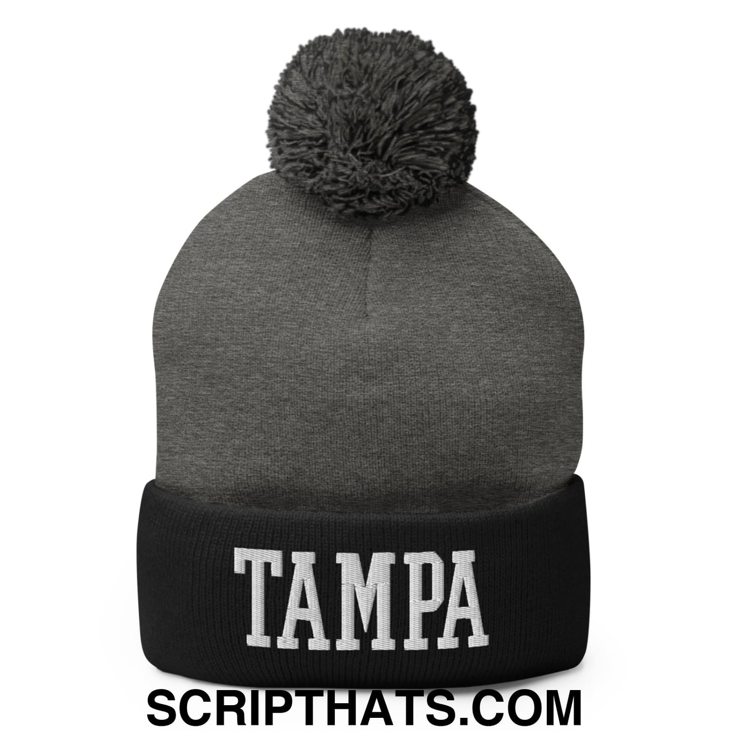 Tampa Varsity College Block Embroidered Knit Pom Pom Beanie Dark Heather Grey Black