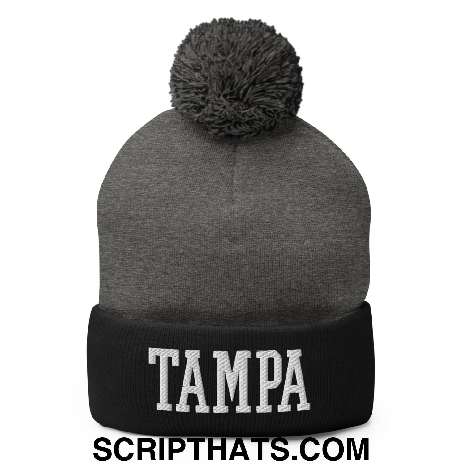 Tampa Varsity College Block Embroidered Knit Pom Pom Beanie Dark Heather Grey Black