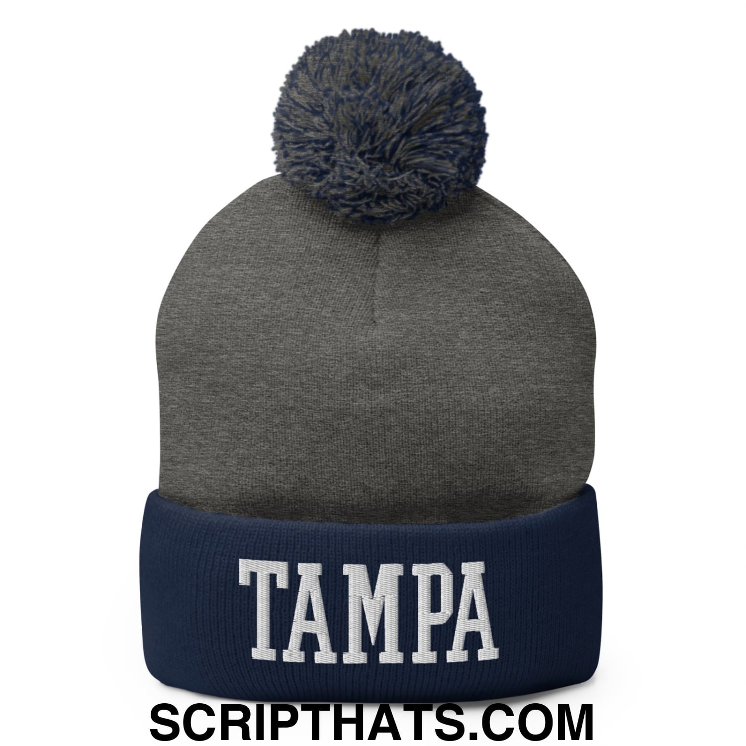 Tampa Varsity College Block Embroidered Knit Pom Pom Beanie Dark Heather Grey Navy