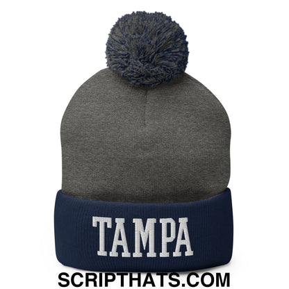 Tampa Varsity College Block Embroidered Knit Pom Pom Beanie Dark Heather Grey Navy