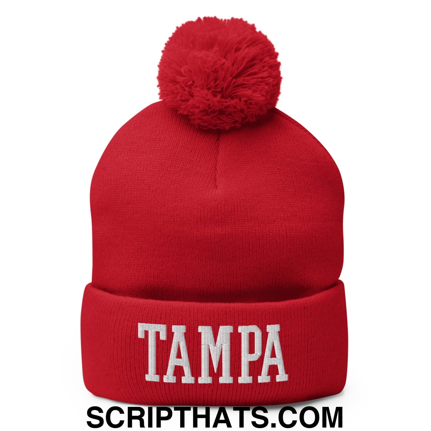 Tampa Varsity College Block Embroidered Knit Pom Pom Beanie Red