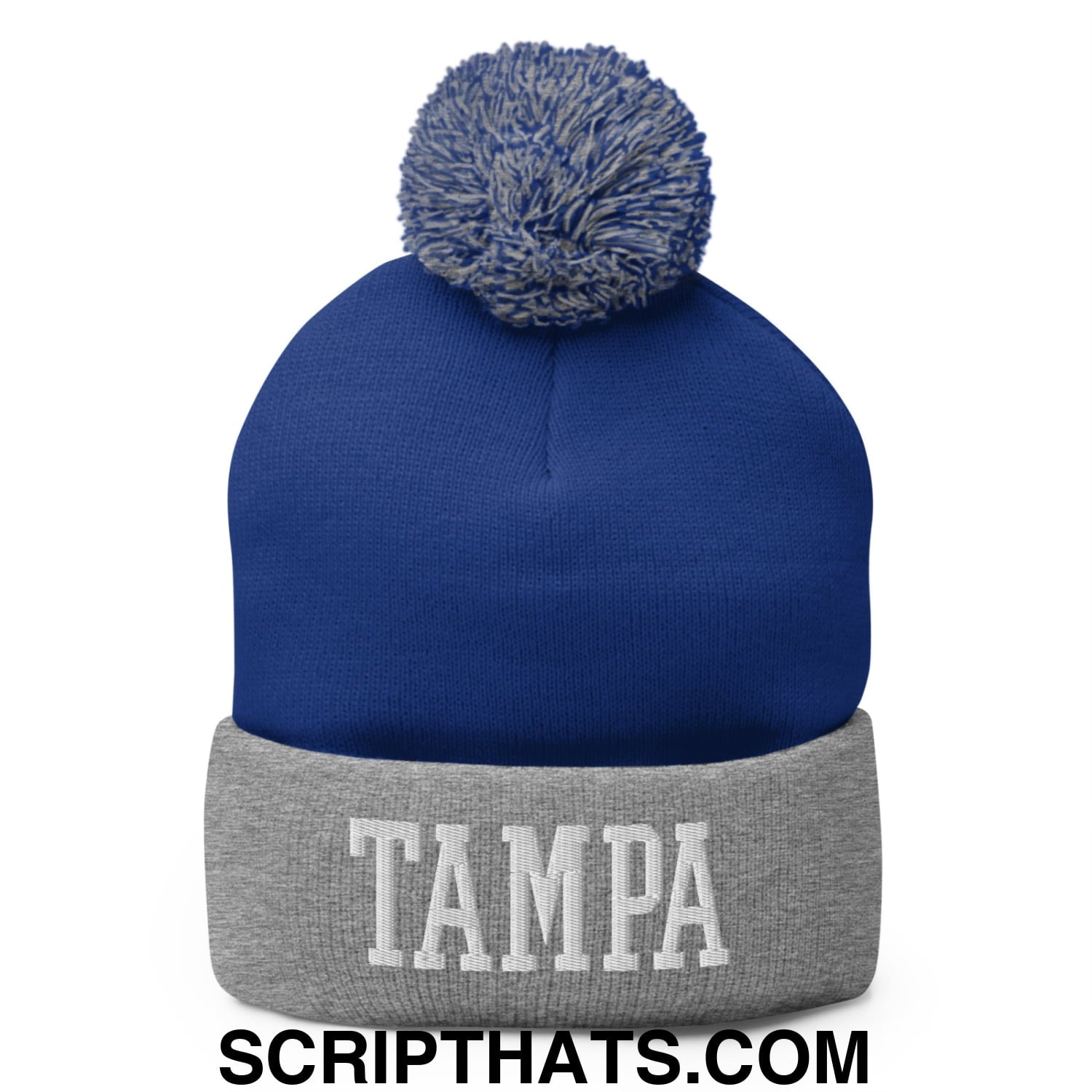 Tampa Varsity College Block Embroidered Knit Pom Pom Beanie Royal Heather Grey