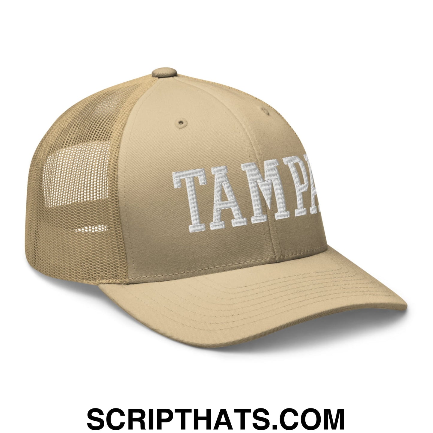 Tampa Varsity College Block Embroidered Mesh Trucker Hat Khaki