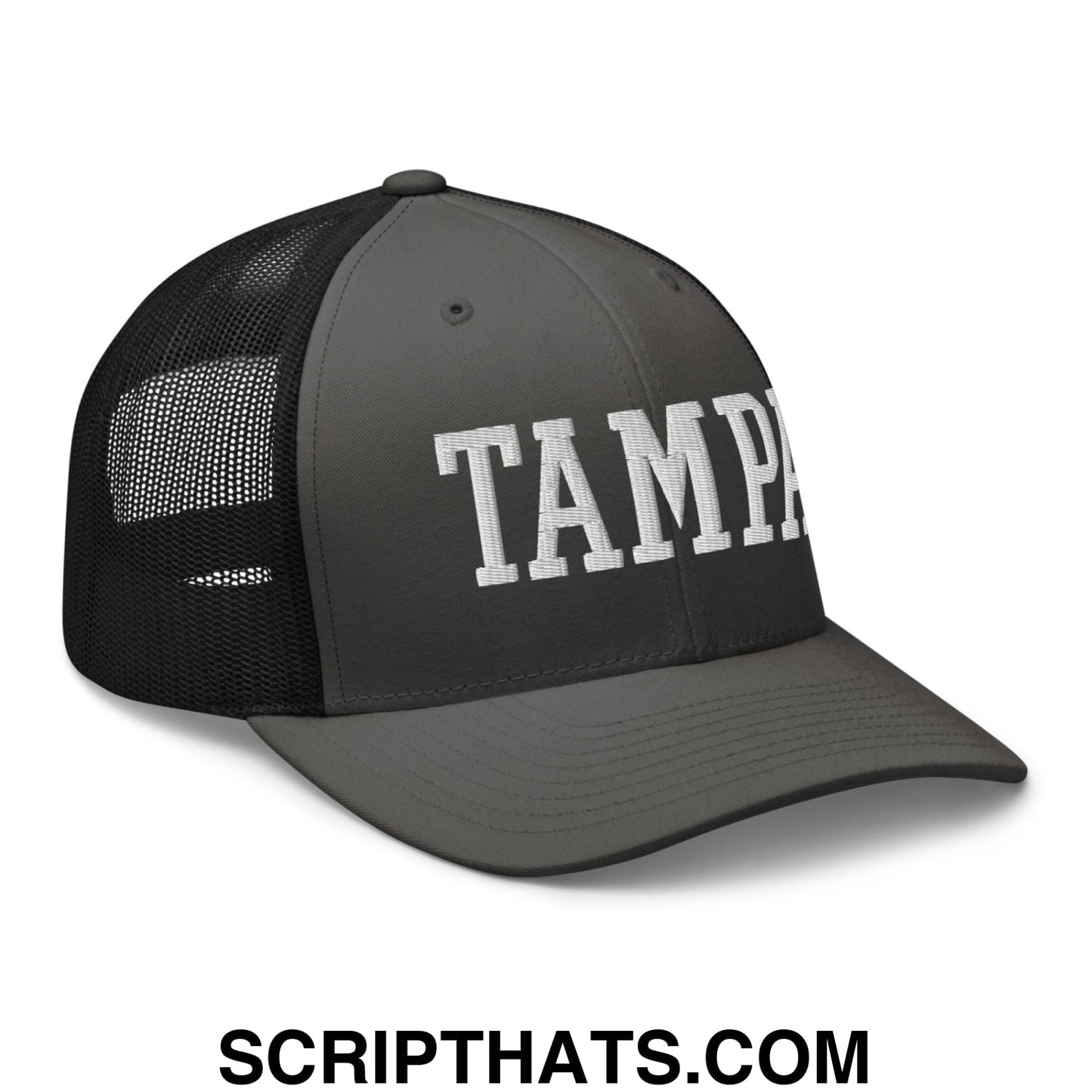 Tampa Varsity College Block Embroidered Mesh Trucker Hat Charcoal Black
