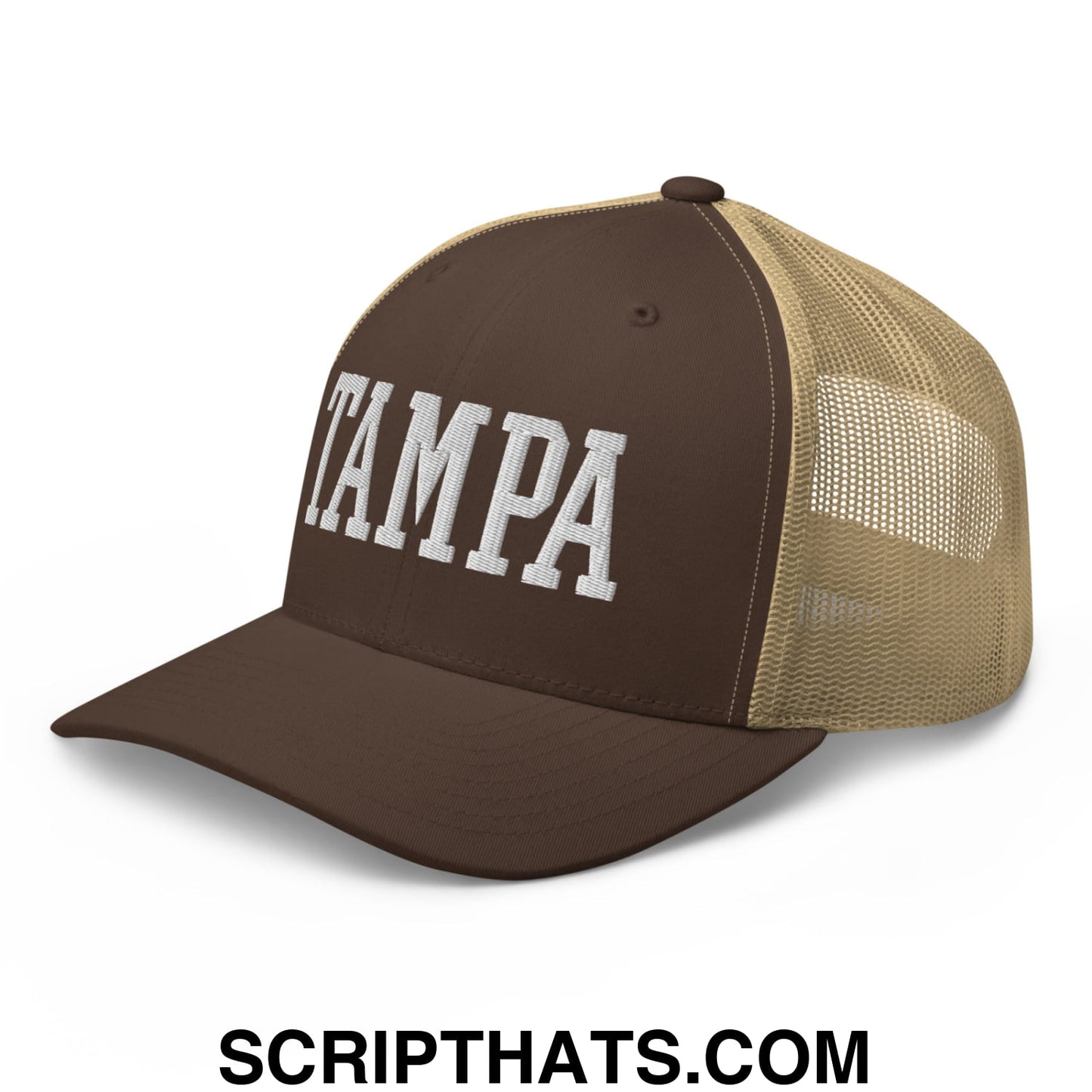 Tampa Varsity College Block Embroidered Mesh Trucker Hat Brown Khaki