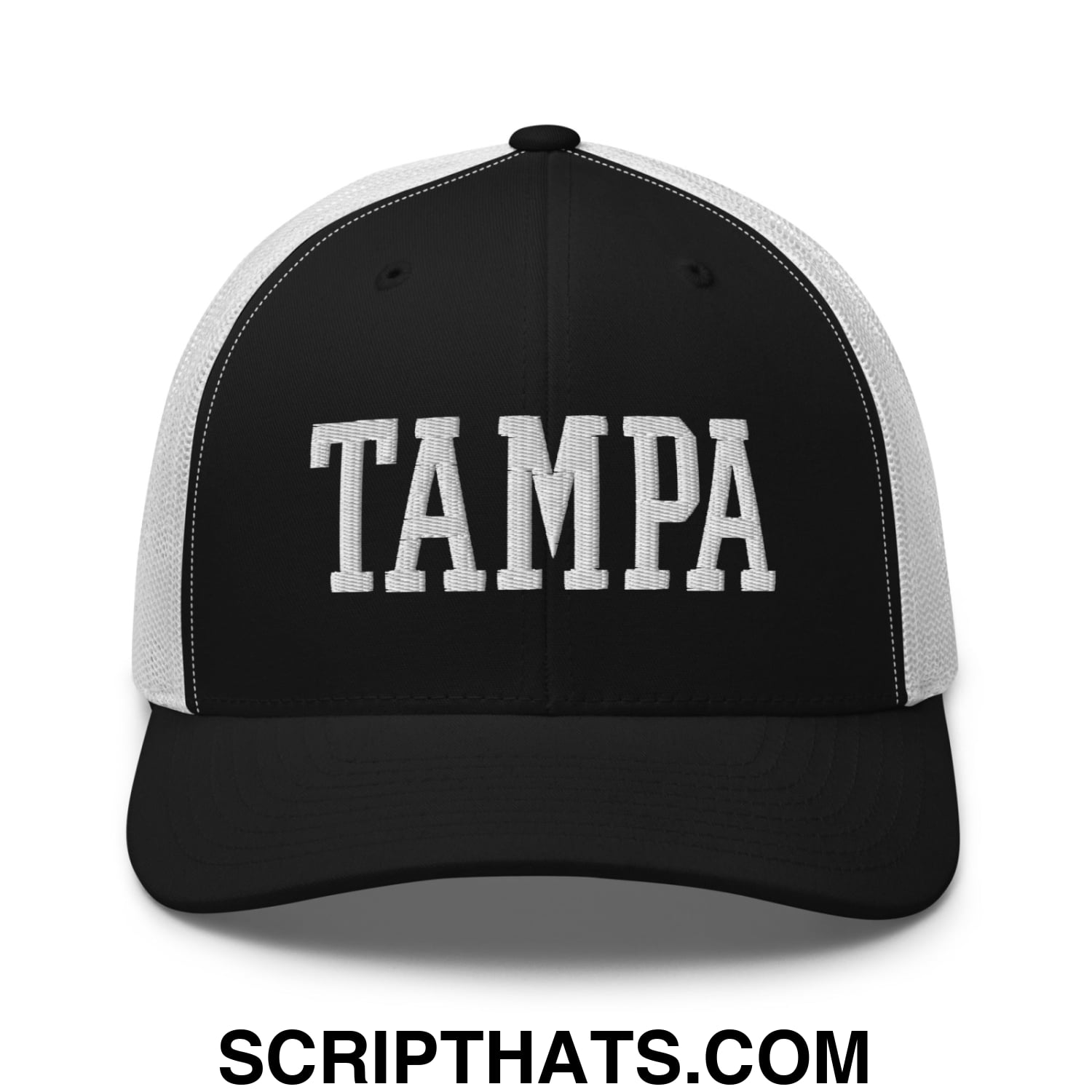 Tampa Varsity College Block Embroidered Mesh Trucker Hat Black White
