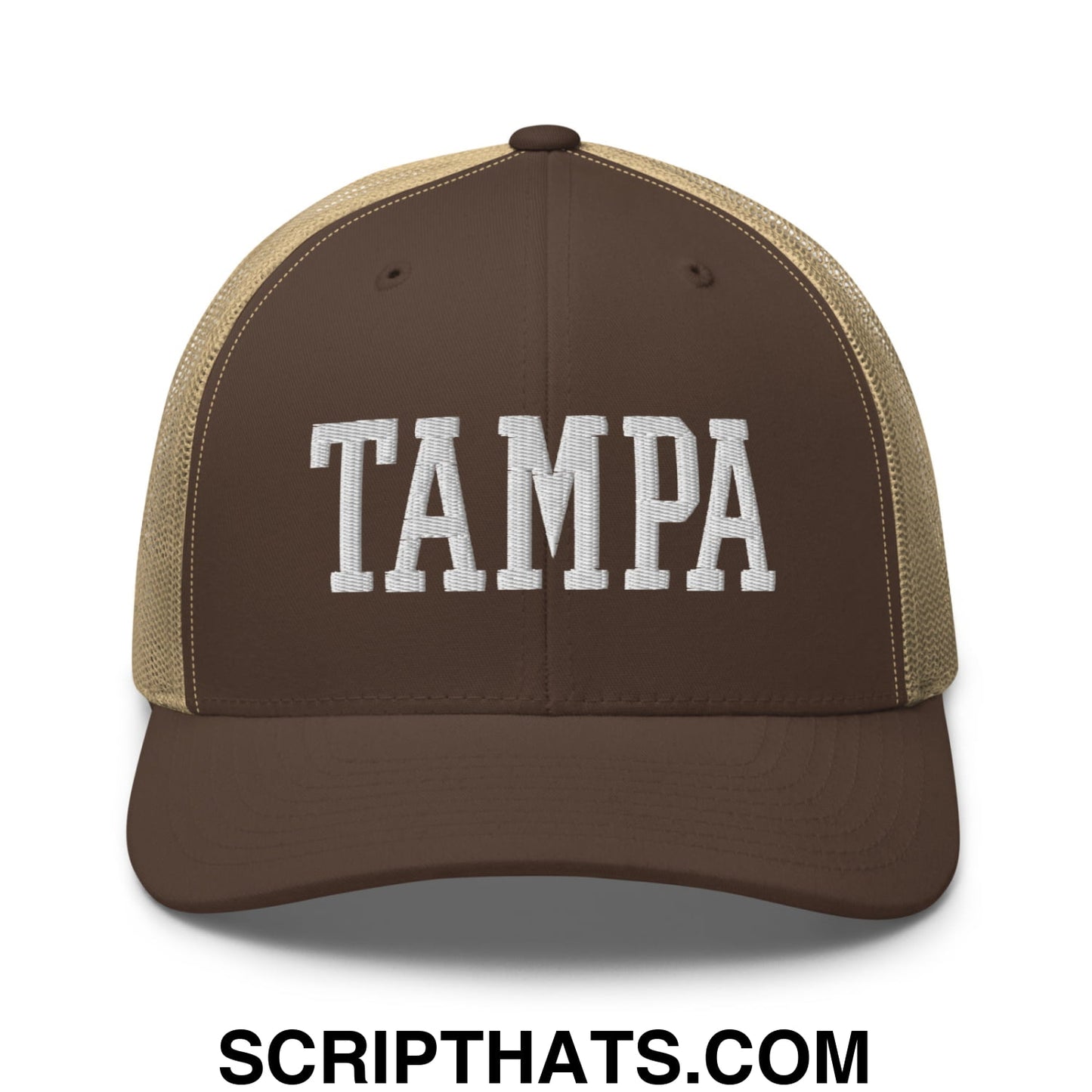 Tampa Varsity College Block Embroidered Mesh Trucker Hat Brown Khaki