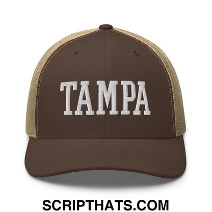 Tampa Varsity College Block Embroidered Mesh Trucker Hat Brown Khaki