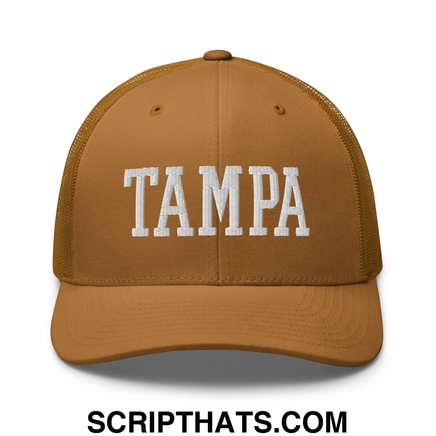 Tampa Varsity College Block Embroidered Mesh Trucker Hat Caramel