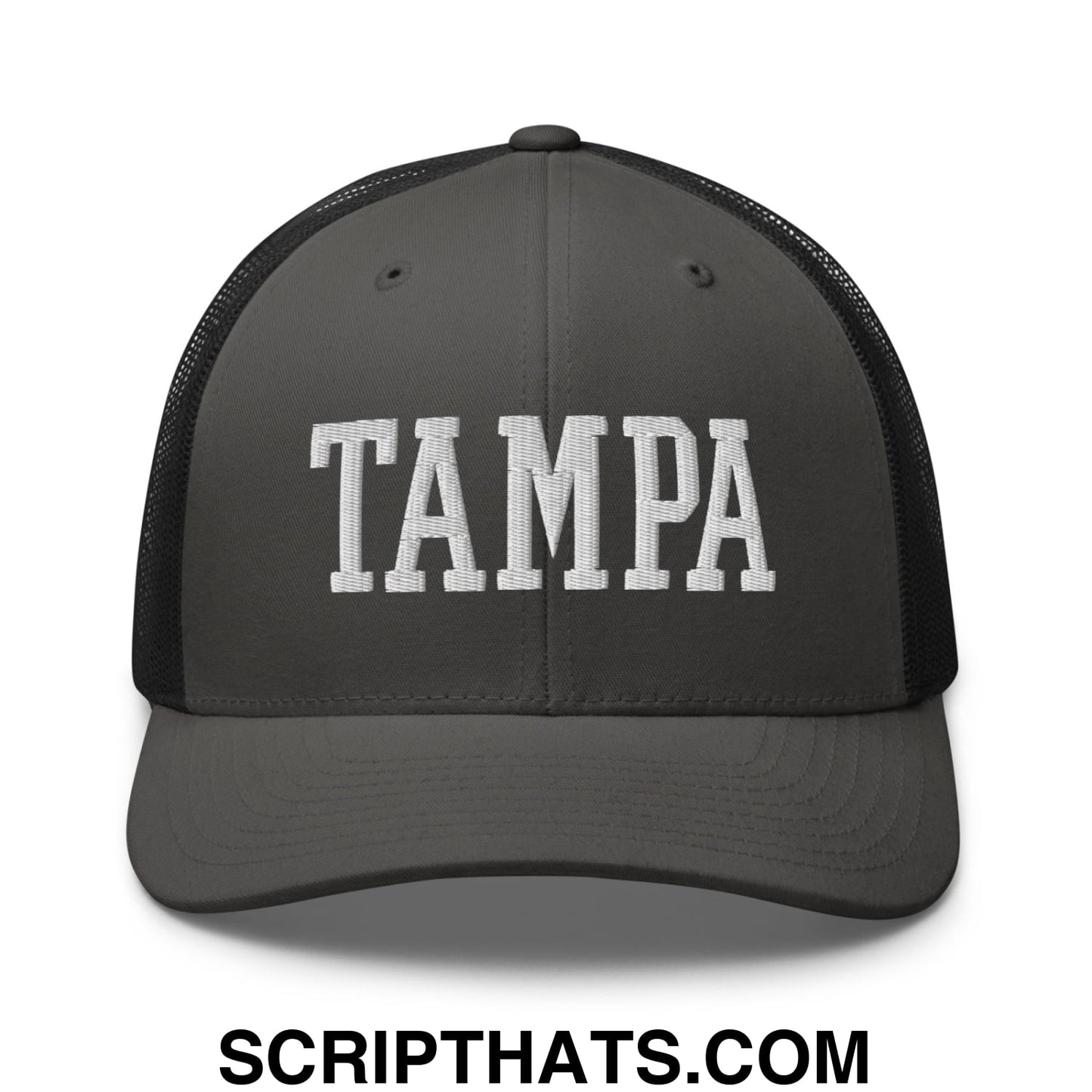 Tampa Varsity College Block Embroidered Mesh Trucker Hat Charcoal Black