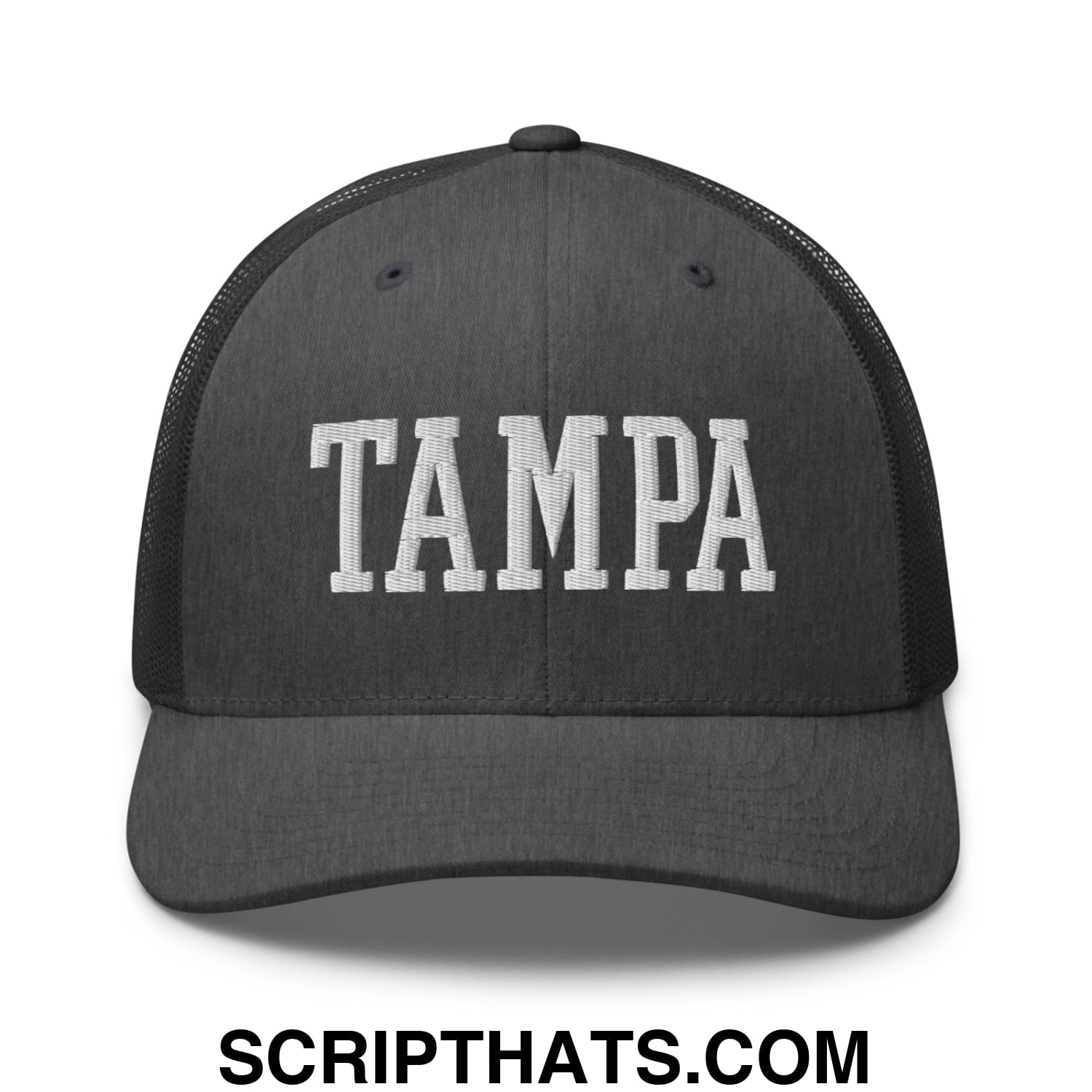 Tampa Varsity College Block Embroidered Mesh Trucker Hat Dark Heather Gray