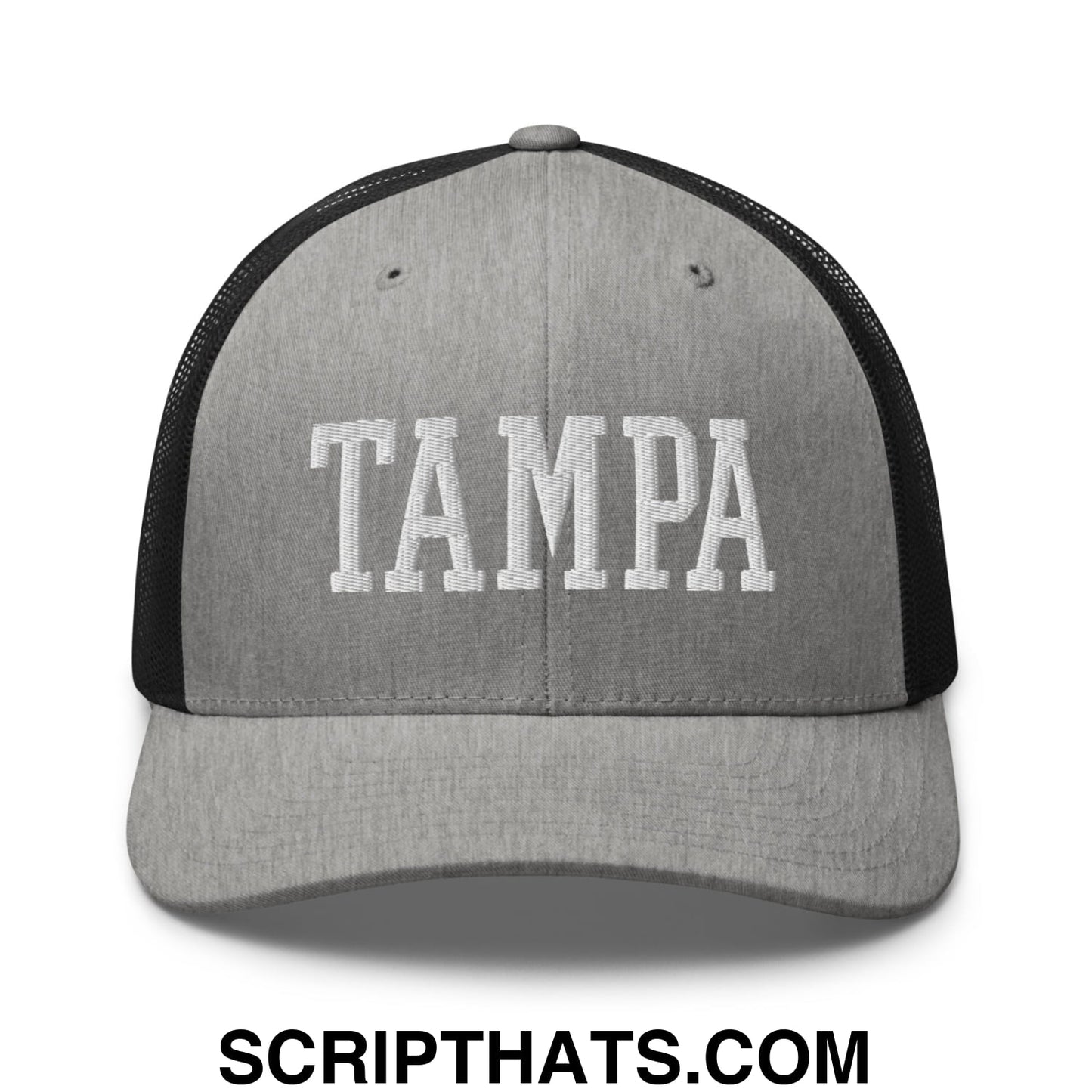 Tampa Varsity College Block Embroidered Mesh Trucker Hat Heather Black