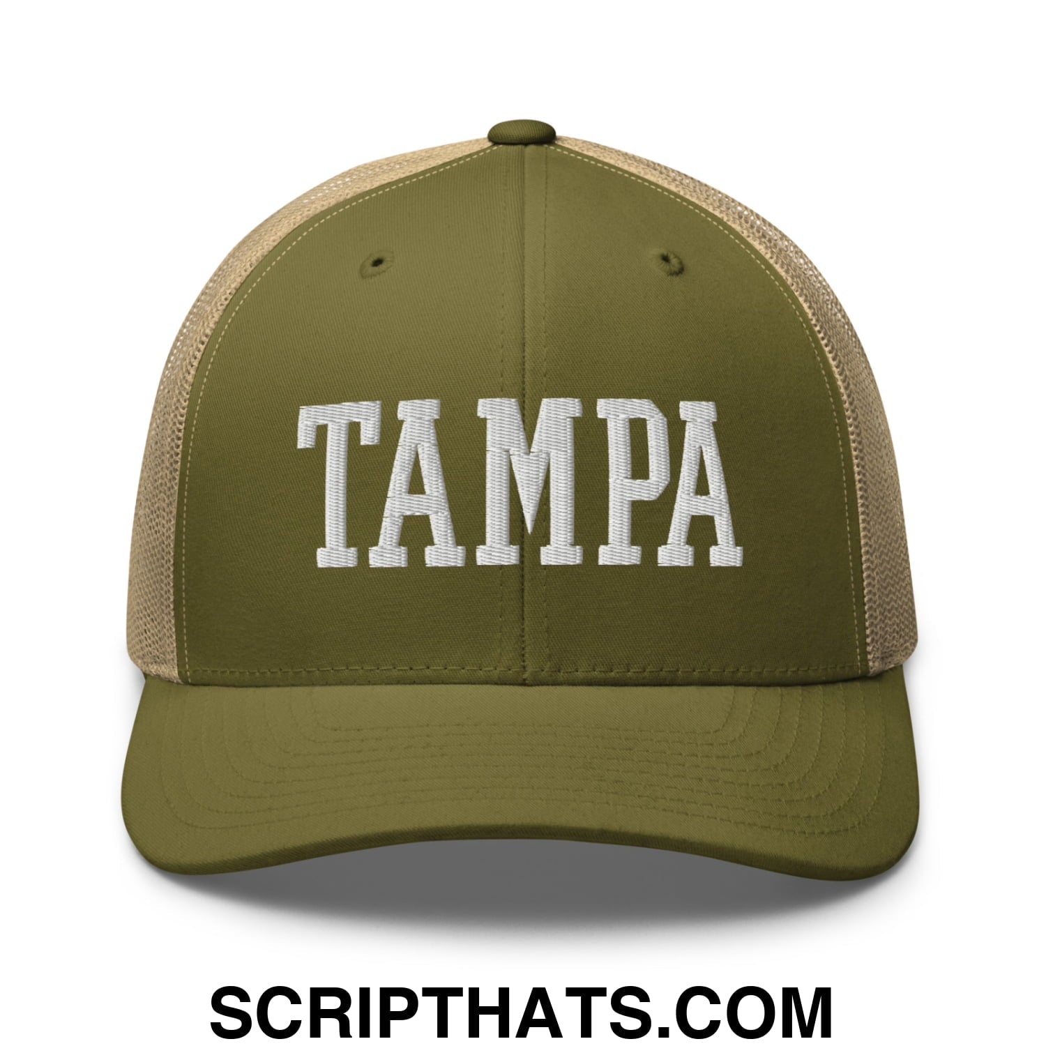 Tampa Varsity College Block Embroidered Mesh Trucker Hat Moss Khaki