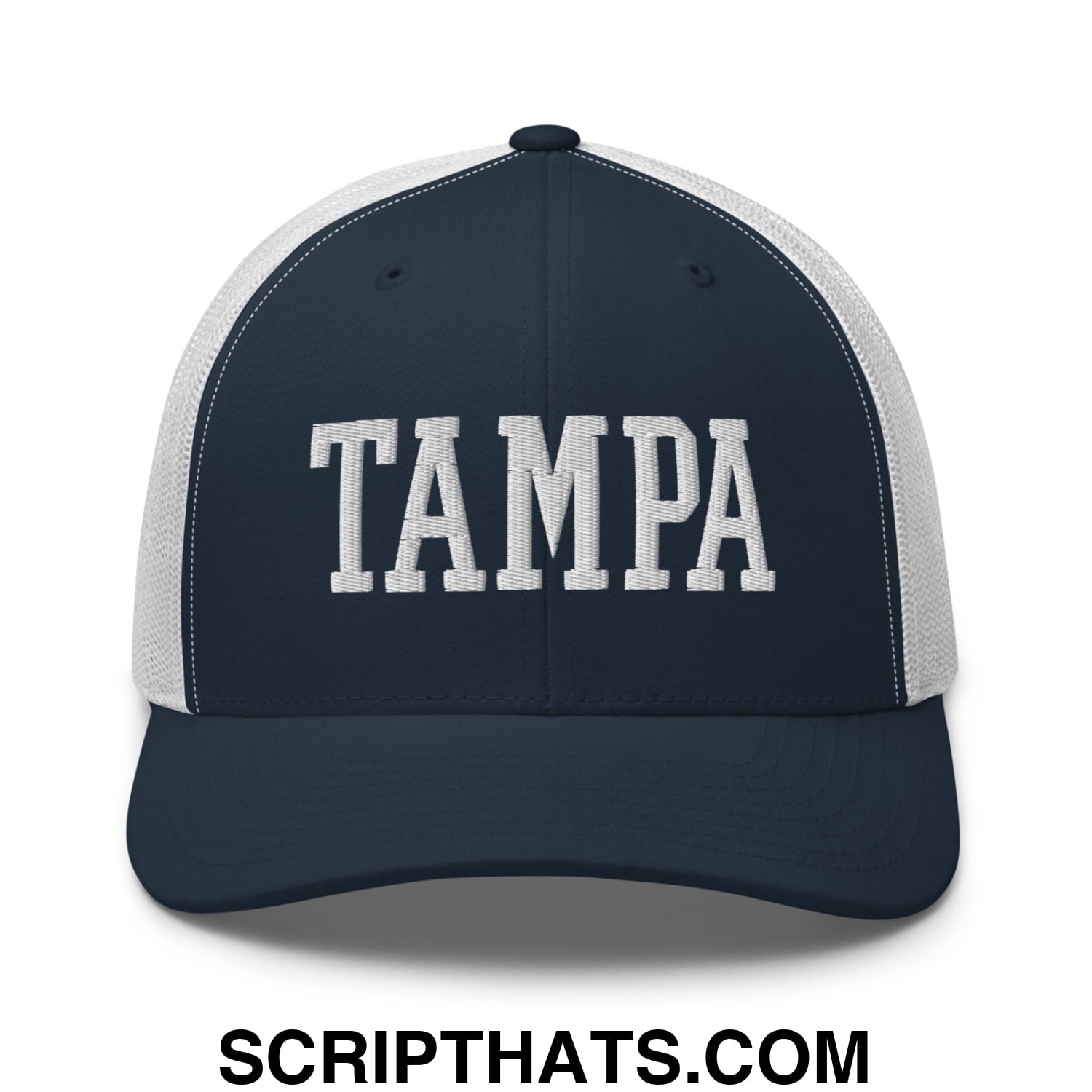 Tampa Varsity College Block Embroidered Mesh Trucker Hat Navy White