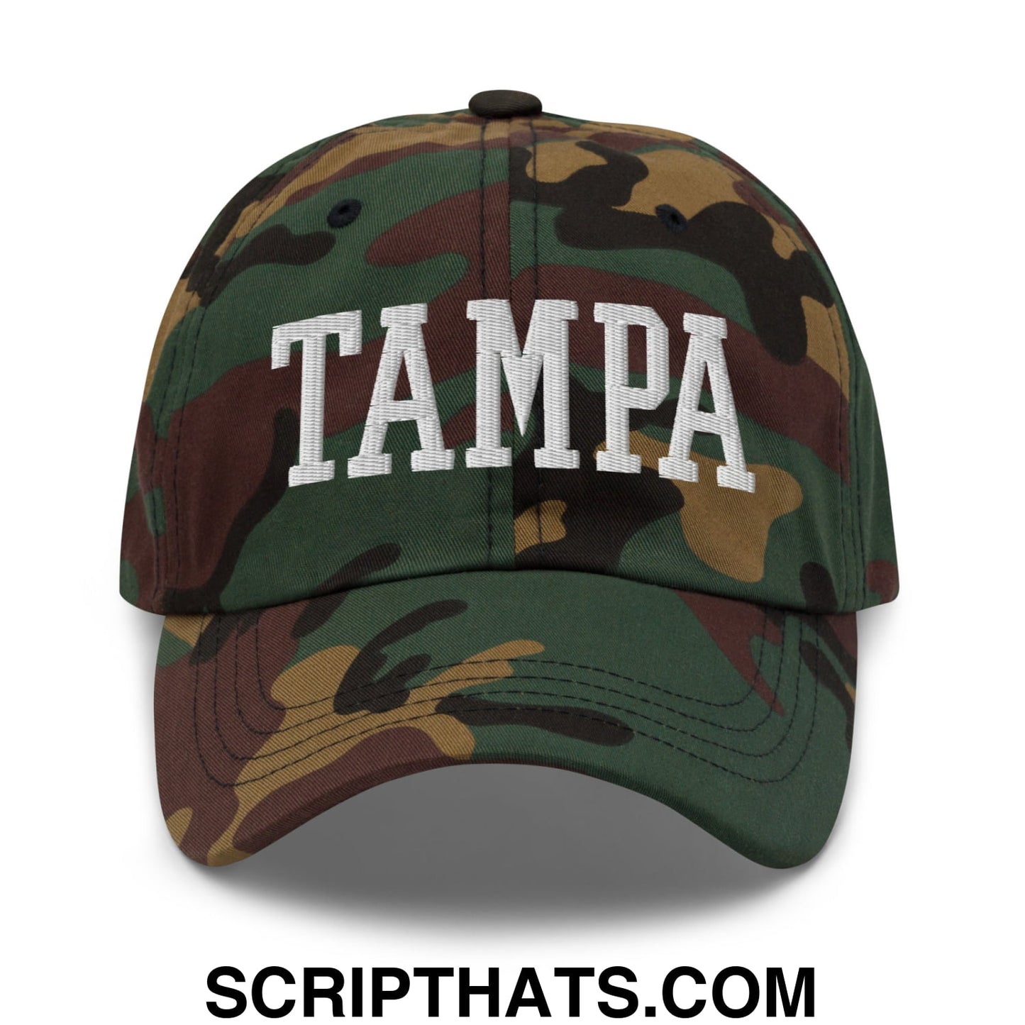 Tampa Varsity College Block Embroidered Unstructured Dad Hat Green Camo