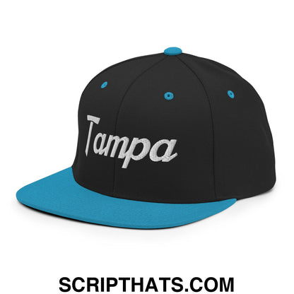 Tampa Vintage Sports Script Embroidered Flat Bill Brim Snapback Hat Black Teal