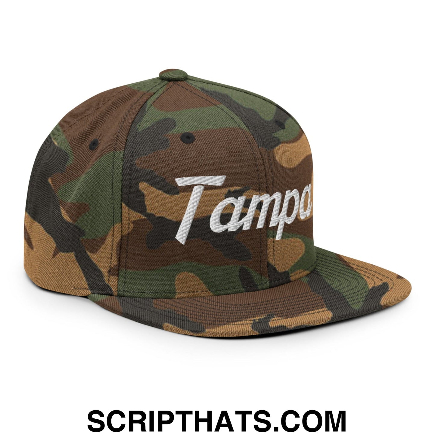 Tampa Vintage Sports Script Embroidered Flat Bill Brim Snapback Hat Green Camo