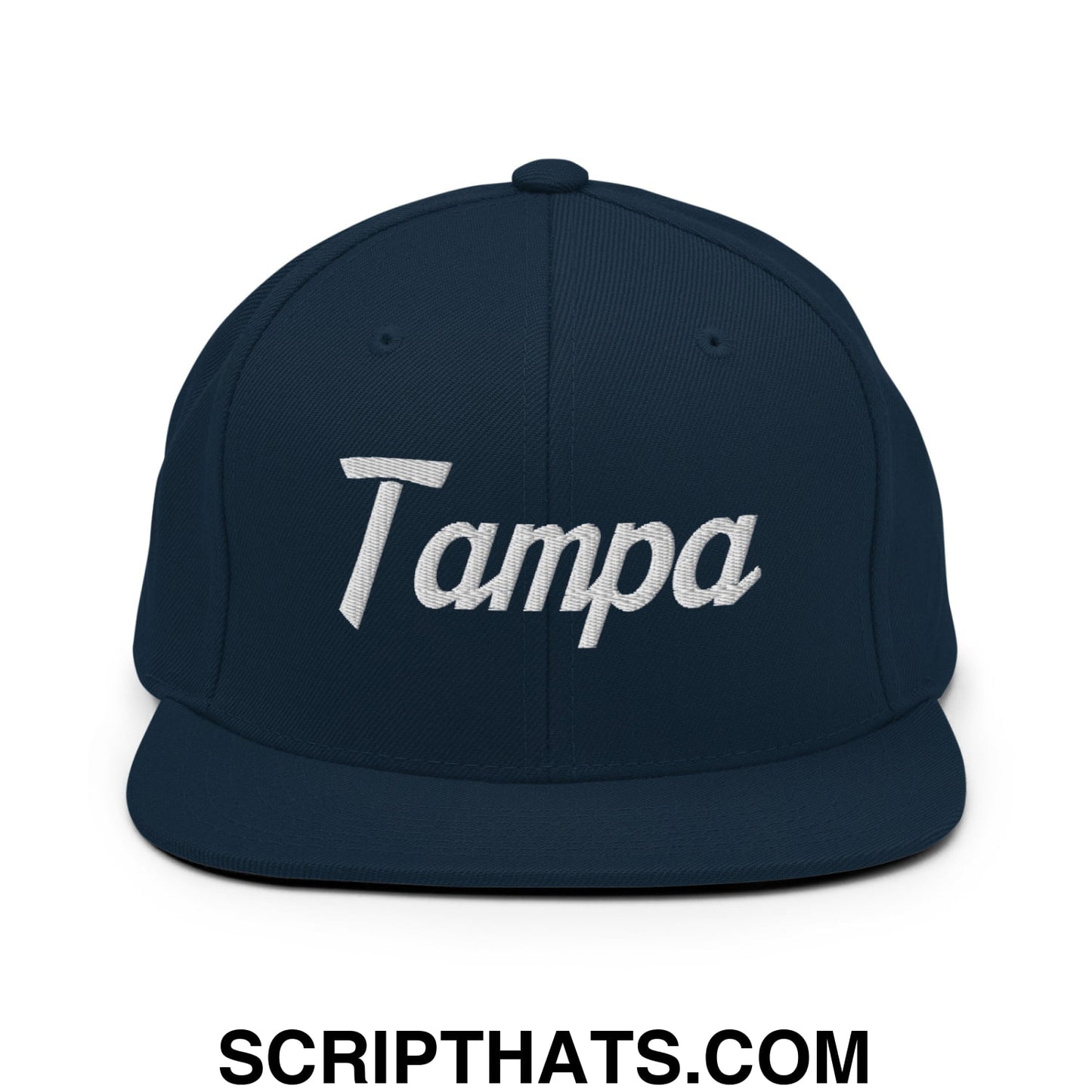 Tampa Vintage Sports Script Embroidered Flat Bill Brim Snapback Hat Dark Navy