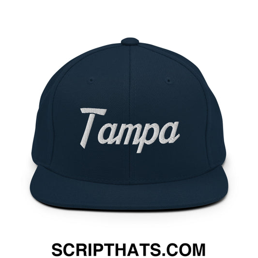 Tampa Vintage Sports Script Embroidered Flat Bill Brim Snapback Hat Dark Navy