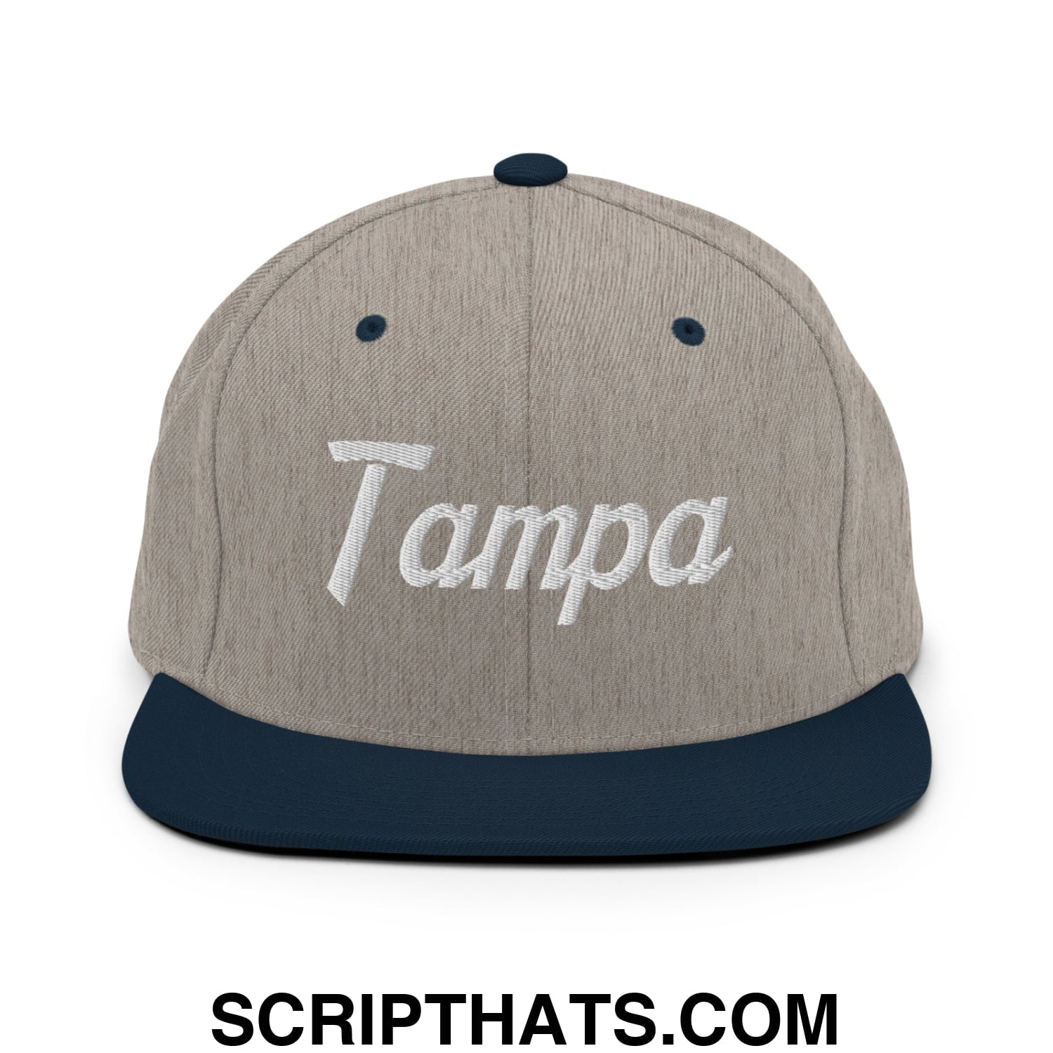 Tampa Vintage Sports Script Embroidered Flat Bill Brim Snapback Hat Heather Grey Navy