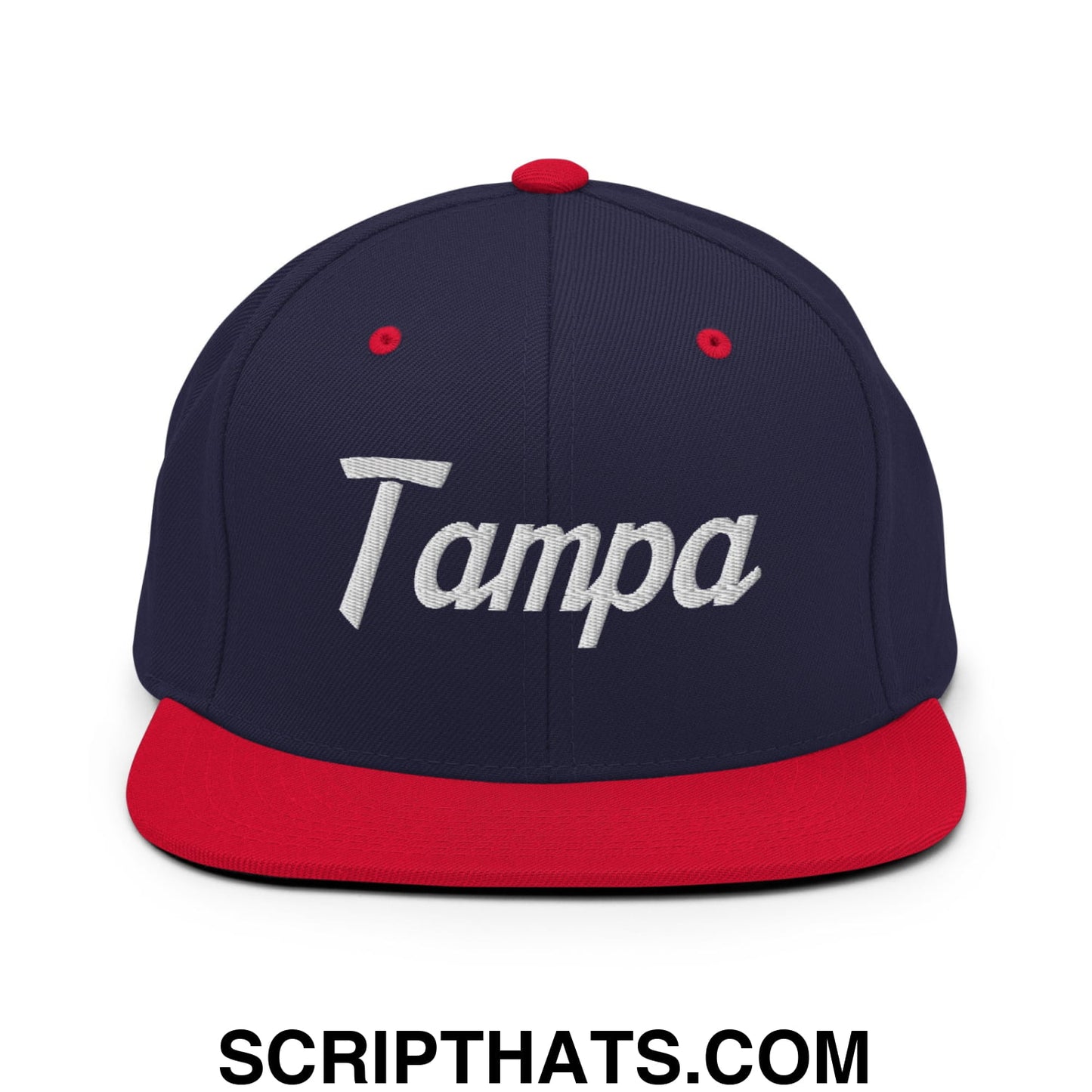 Tampa Vintage Sports Script Embroidered Flat Bill Brim Snapback Hat Navy Red