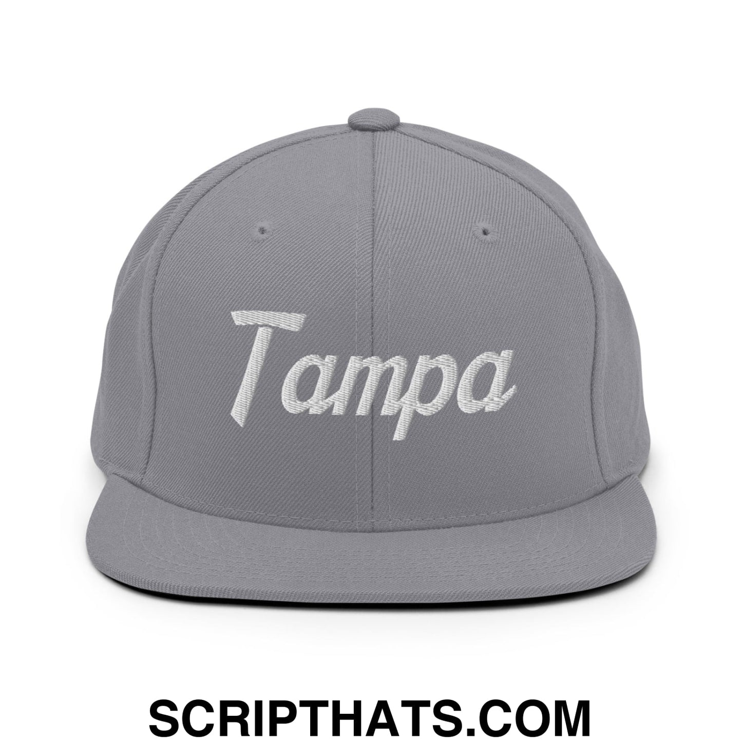 Tampa Vintage Sports Script Embroidered Flat Bill Brim Snapback Hat Silver